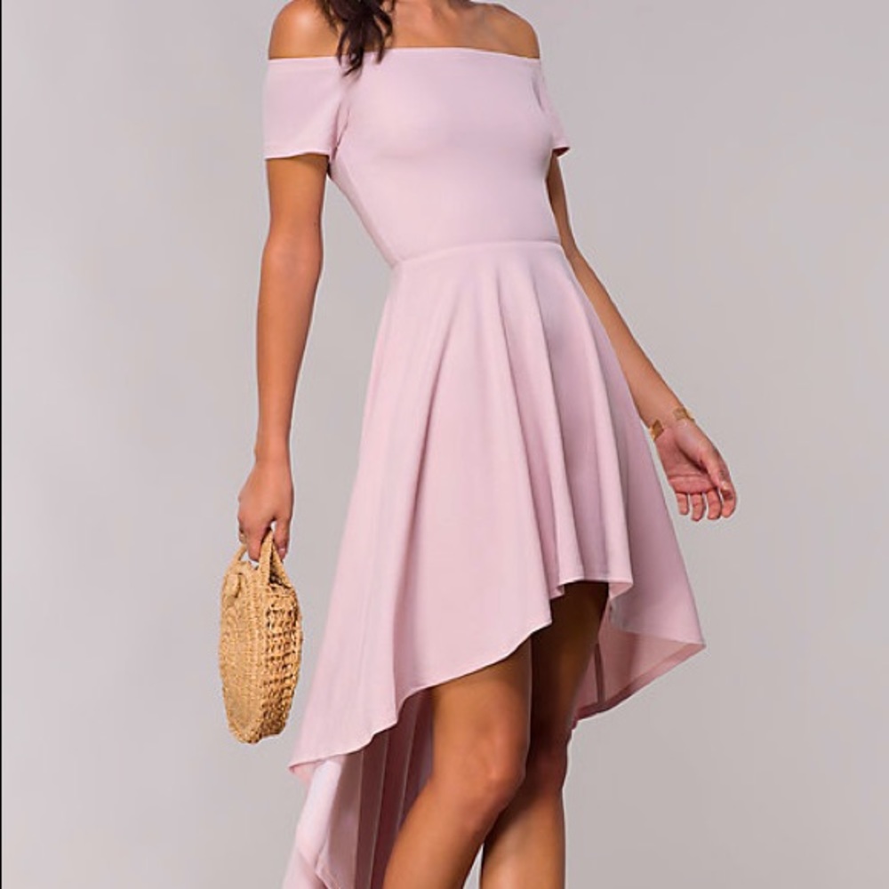 High low, off the shoulder blush dress